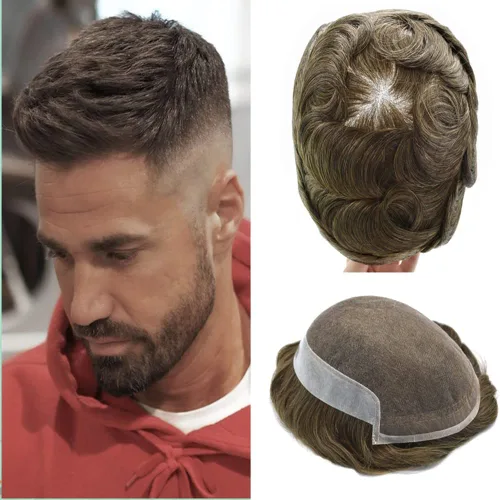 Vista 35 de Toupee para hombres sistemas de reemplazo de piel sintética con encaje suizo para hombre, nudos blanqueados, línea capilar natural para hombres