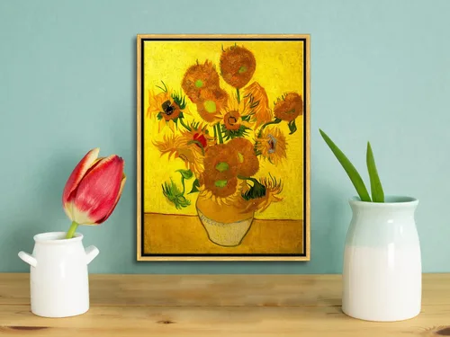 Vista 4 de Wieco Art Arte de pared enmarcado de jarrón con quince girasoles por Vincent Van Gogh, pinturas de reproducción de pinturas abstractas en lienzo