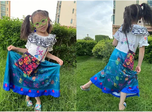 Vista 6 de Avady Encanto Dress for Girls Cosplay Mirabel Princess Birthday Halloween Christmas Party Dress Up With Full Accessories