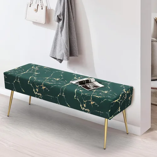 Vista 2 de Magshion Banco otomano de terciopelo de 45 pulgadas de longitud con patas de metal, banco de cama auxiliar con patas de metal dorado, banco tapizado