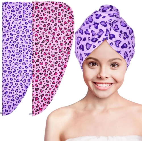 Vista 12 de Basumee Toalla Envolvente de Microfibra para el Cabello para Niños Paquete de 2 Toallas de Cabello de Secado Rápido con Botón Turbantes para Cabello