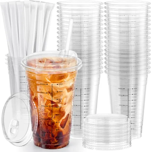 Vista 8 de Paquete de 100 tazas de café helado Ratio Lines de 16 onzas con tapas y popotes, sin adivinar bebidas consistentes, vasos desechables de plástico