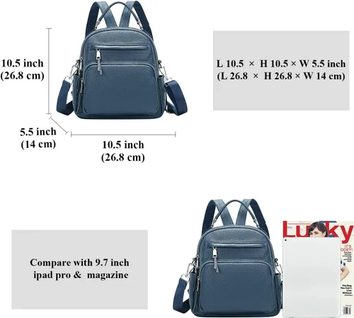 Vista 5 de ALTOSY Mochila de cuero genuino para mujer, pequeña mochila convertible bolso para damas, bolso de hombro 4 en 1 para llevar, azul, (Linen Blue)
