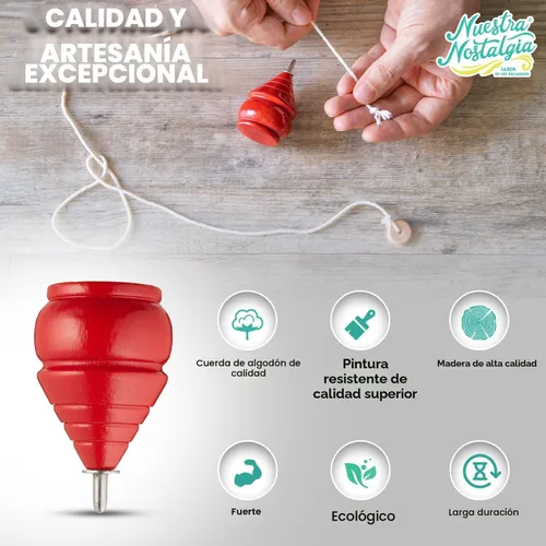 Vista 4 de Auténticos trompos de madera clásicos giratorios [Juego de 3]