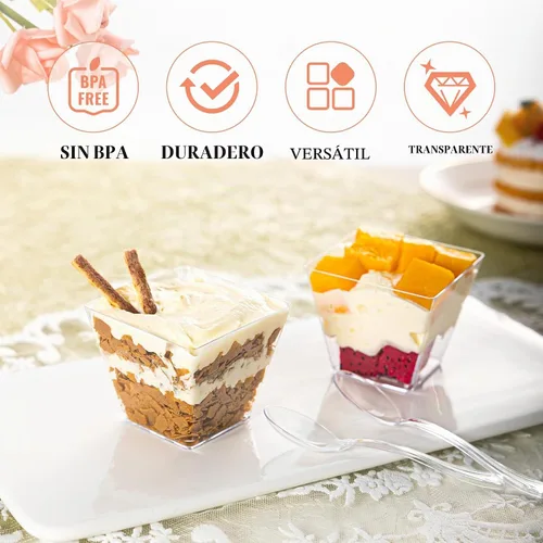 Vista 5 de HOMIP 60Pack 4oz Plastic Dessert Cups with Spoons (No lids), Parfait Cups Mini vasos cuadrados de plástico transparente para yogur, parfaits, pudín