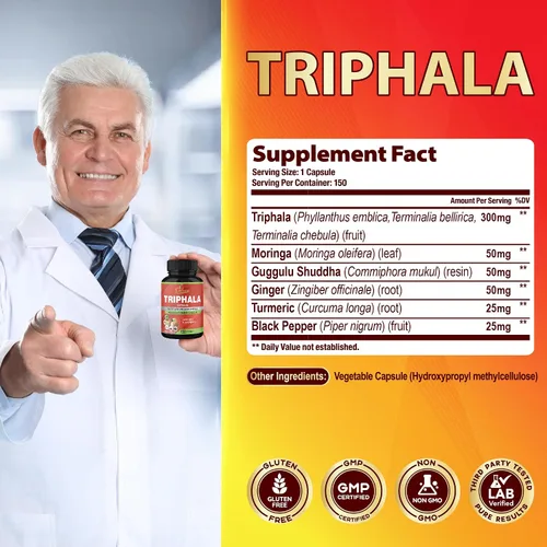 Vista 3 de Organic Cadane Cápsulas de extracto de Triphala, suministro de 5 meses con cúrcuma, guggulu, jengibre, pimienta negra, moringa - Apoya la digestión