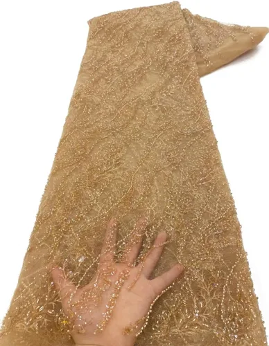Vista 5 de Tela de encaje africano bordada con lentejuelas, con cuentas de artesanía pesadas y brillo floral, de tul francés, para vestido con cola, 4,5 Negro