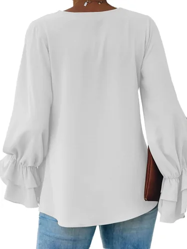 Vista 2 de LYANER Blusa casual de manga larga con cuello en V y volantes para mujer