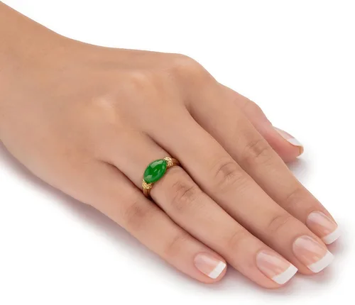 Vista 3 de Anillo de plata de ley chapada en oro amarillo, forma ovalada, jade verde, tamaños 6-10, Plata Esterlina, Jade