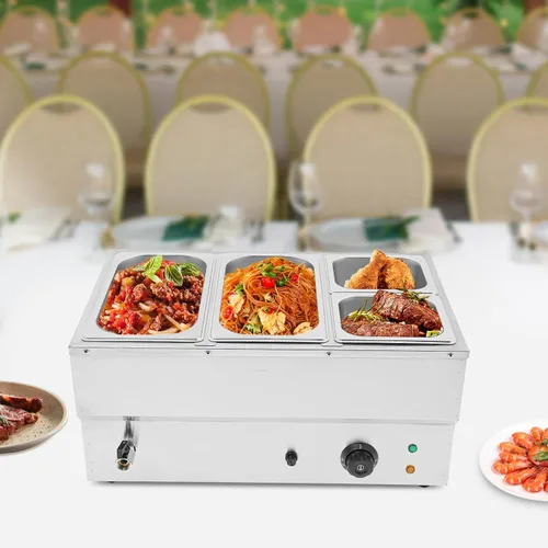 Vista 9 de Calentador de sopa de alimentos de 110 V, 4 sartenes, mesa de acero inoxidable de grado alimenticio, encimera comercial, cafetería de buffet