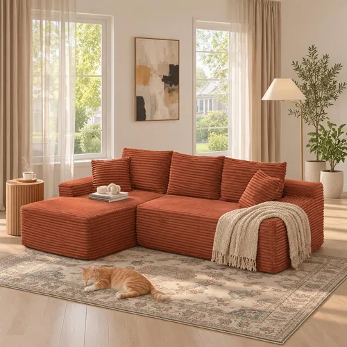 Vista 18 de Sofá comprimido de esquina izquierda en forma de L de 105 pulgadas, modular sin hueso, sofá de espuma de piso con diván, sofá de pana en esquina sin