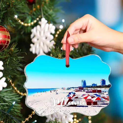 Vista 5 de Florida USA - Adorno de Navidad personalizado 2023 Miami Beach Downtown Cityscape Adornos para árboles de Navidad, acrílico viaje, país, ciudad