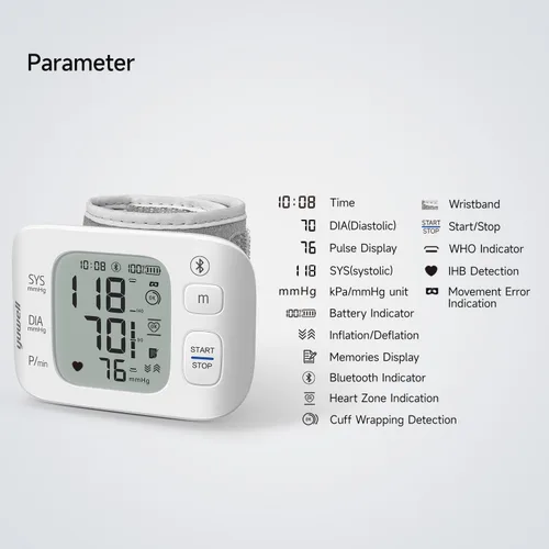 Vista 7 de yuwell Monitor inteligente de presión arterial de muñeca con Bluetooth Grado médico, máquina BP para uso doméstico Peso ultraligero, puño