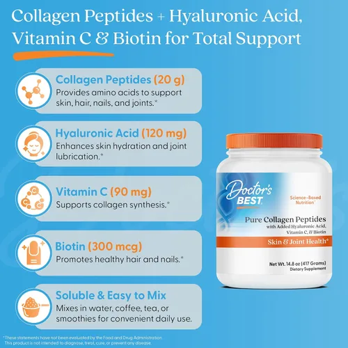 Vista 5 de Doctor's BEST Péptidos de colágeno puro con ácido hialurónico, suplemento de colágeno en polvo para mujeres y hombres, sin sabor, 0.63 oz