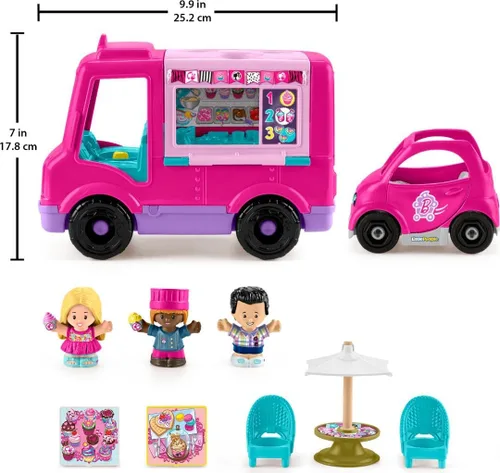 Vista 6 de Fisher-Price Little People Barbie Camion de Cupcakes Musical - Juego de juguete con 9 piezas para juego de simulación para niños de 18+ meses