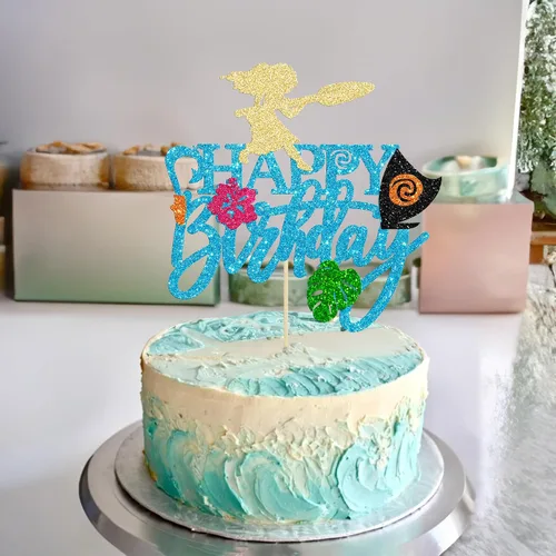Vista 5 de Gyufise 1 pieza de decoración para pastel de cumpleaños Moana con purpurina de hoja de palma, flor de moana para pastel tropical hawaiano Luau, baby