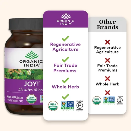 Vista 4 de ORGANIC INDIA Joy Suplemento de hierbas – Apoyo inmunológico, promueve la memoria y la concentración, vegano, sin gluten, Kosher, certificado