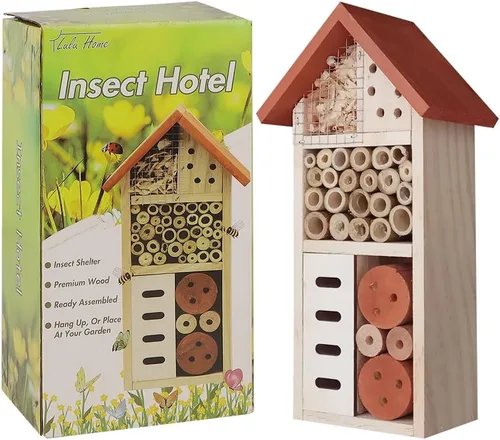 Vista 2 de Lulu Home Casa de insectos de madera, hotel colgante de insectos para abejas, mariposas, mariquitas, hábitat beneficioso de insectos, jardín
