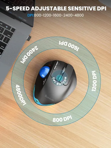 Vista 5 de MAM1 Pro - Ratón inalámbrico de Trackball, ergonómico Bluetooth recargable, mouse de pulgar retroiluminado con 5 niveles DPI, ángulo ajustable