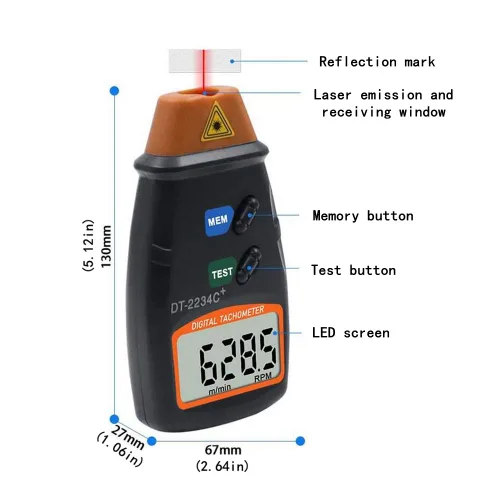 Vista 4 de Tacómetro digital láser, AIOMEST Medidor de velocidad sin contacto RPM, probador fotográfico RPM que mide 2.5-99,999 RPM, velocímetro de mano