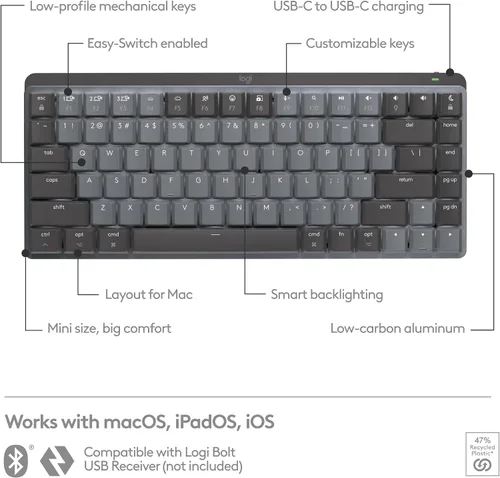 Vista 6 de Logitech MX Mechanical Mini para Mac - Teclado inalámbrico iluminado, interruptores de rendimiento de perfil bajo, teclas táctiles silenciosas, Gris