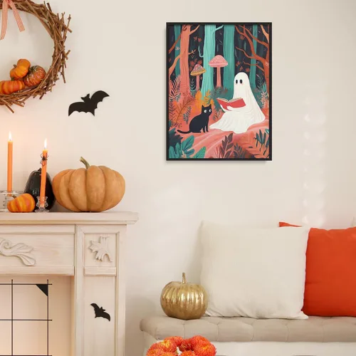 Vista 4 de Bonito arte de lectura de fantasmas, póster de pared de bosque de Halloween con hongos y plantas, impresión de lectura de fantasmas caprichosa