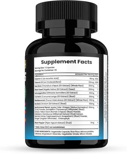 Vista 3 de Musgo marino con aceite de semilla negra, vitamina C, Ashwagandha y cúrcuma para apoyo inmunológico y energía, 60 cápsulas veganas + pastillero