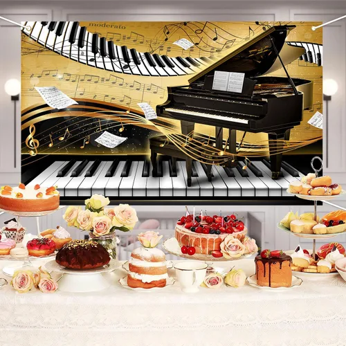 Vista 4 de Telón de fondo con tema de piano de 7 x 5 pies, notas musicales doradas, fondo de foto, tema musical, decoración de fiesta de cumpleaños, pancarta