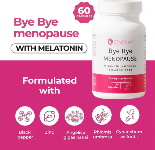 Vista 2 de ZENZSUAL Bye Bye Menopausia con melatonina – Apoyo natural para la menopausia para mujeres – sofocos, sudores nocturnos, equilibrio hormonal y sueño