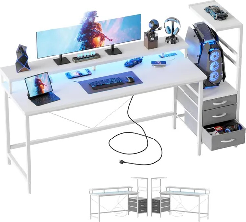 Vista 15 de Mericonia Escritorio para juegos con tomas de corriente y luces LED, escritorio reversible para computadora con soporte para caja de PC, cajones