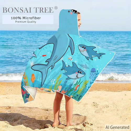 Vista 7 de Bonsai Tree Toalla de playa con capucha de tiburón para niños, toalla de baño con capucha de peces marinos frescos para niños, divertidos animales