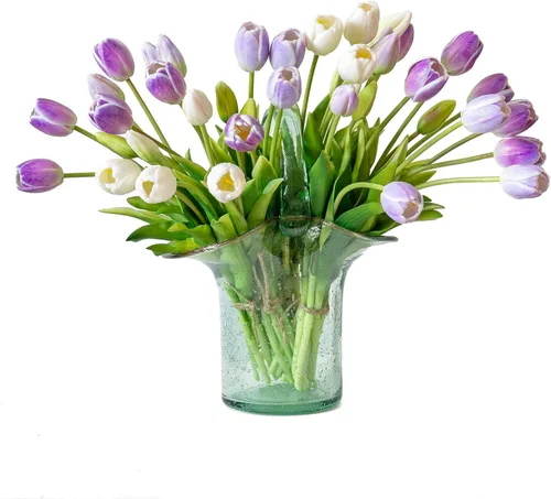 Vista 31 de DUYONE 15 flores de tulipanes artificiales, ramo de látex de tacto real, tulipanes falsos para oficina, boda, fiesta, hogar, cocina, jardín