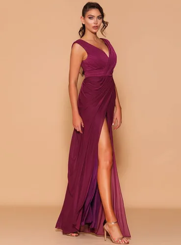 Vista 3 de GOEBAODEEN Vestidos largos de dama de honor con cuello en V para boda, vestido de noche formal de gasa plisada con abertura alta