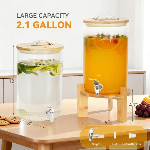 Vista 2 de WILLOW WEAVE - Dispensador de bebidas de vidrio de 2.1 galones con soporte, dispensador grande de bebidas para fiestas, grifo a prueba de fugas