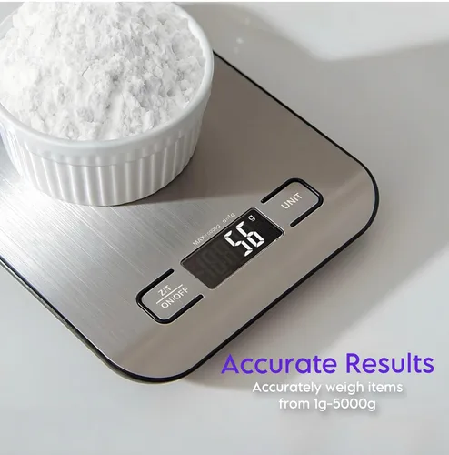Vista 2 de Báscula digital de cocina, báscula de alimentos en gramos y onzas, precisión de 0.04 oz para cocinar, hornear y preparar comidas, acero inoxidable