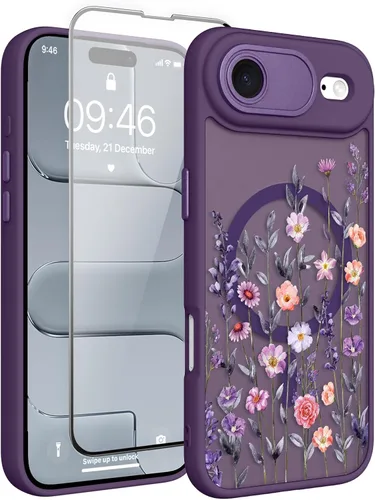 Vista 42 de Magnético para iPhone 13 con protector de pantalla [Compatible con MagSafe] Diseño de patrón floral de flores bonitas, funda delgada a prueba