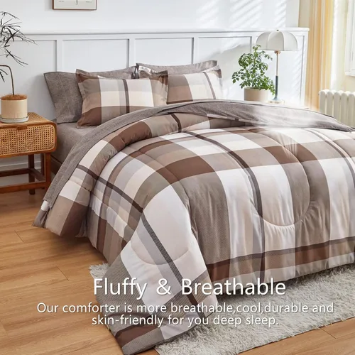 Vista 4 de AIKASY Bed in a Bag - Juego de edredón reversible de microfibra suave de 7 piezas tamaño Queen con diseño de cuadros marrones para todas