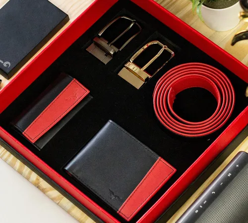 Vista 4 de Juego de cinturón y llavero para hombre, regalo del día del padre, regalo de cumpleaños para hombres, Rojo y negro), TOS-MB-1