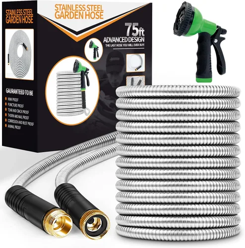 Vista 11 de Manguera de jardín de 25 pies, manguera de agua resistente de acero inoxidable con boquilla de 10 funciones, flexible, ligera, sin torceduras, a