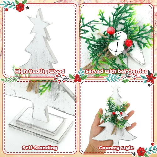 Vista 3 de 3 piezas de decoración de árbol de Navidad en madera estilo granja, árboles de Navidad de madera rústicos pequeños con lijas de arena, estrellas