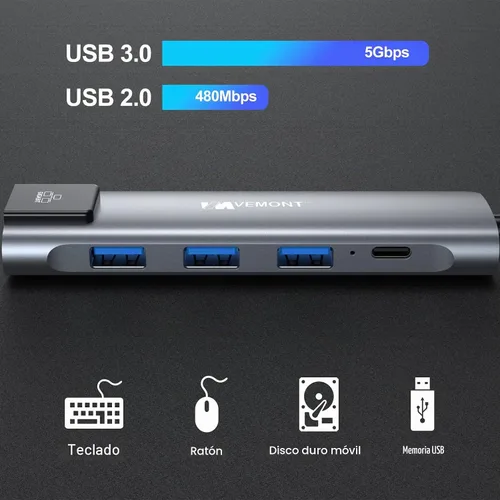 Vista 4 de VEMONT Adaptador multipuerto USB C 5 en 1, Gigabit Ethernet, 3 puertos USB 3.0, estación de acoplamiento de carga PD de 100 W compatible con MacBook