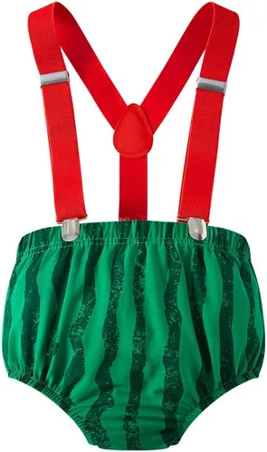 Vista 3 de MOMMY'S NEW MAN Traje de primer cumpleaños de melón para bebés y niños pequeños + pantalones cortos + tirantes para sesión de fotos