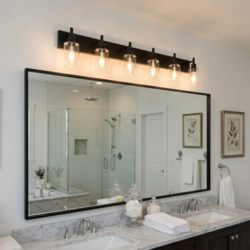 Vista 7 de Lámpara de tocador de baño negra de 6 luces con pantallas de vidrio Negro - Pantalla de vidrio transparente