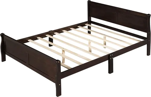 Vista 5 de Cama de plataforma de madera maciza tamaño matrimonial con cabecera y estribo de trineo, base de cama de plataforma de madera completa con Espresso