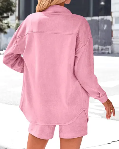 Vista 5 de KIRUNDO Conjunto casual de dos piezas para mujer, de manga larga, chaqueta y pantalones cortos