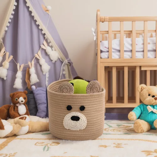 Vista 3 de Cestas de lavandería Bear, cesta de almacenamiento con asas, cesta decorativa para sala de estar, cesta de almacenamiento tejida para juguetes