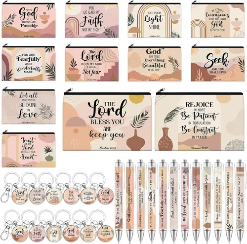 Vista 8 de 36 piezas de regalos cristianos para mujeres a granel, bolsas de maquillaje cristianas, llavero religioso, bolígrafos con versículos bíblicos, citas