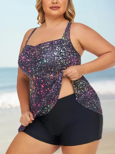 Vista 2 de Summer Mae Traje de baño tankini de dos piezas para mujer, talla grande, con control de abdomen, con pantalones cortos