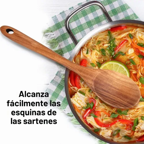 Vista 2 de Cuchara de madera grande de 14" para cocinar cucharas de mezcla de madera grande no tóxicas Long Stirring Spoon Teak Baking Cooking Spatula Acacia