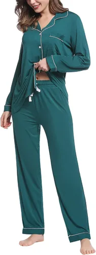 Vista 8 de Pijama de bambú ultra suave para mujer, juego de pijama - manga largacon botones.
